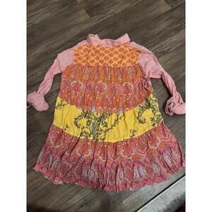 John Mark Orange/Yellow Tiered Flowy Blouse Button Up Sz M EUC